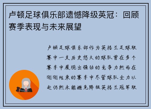 卢顿足球俱乐部遗憾降级英冠：回顾赛季表现与未来展望